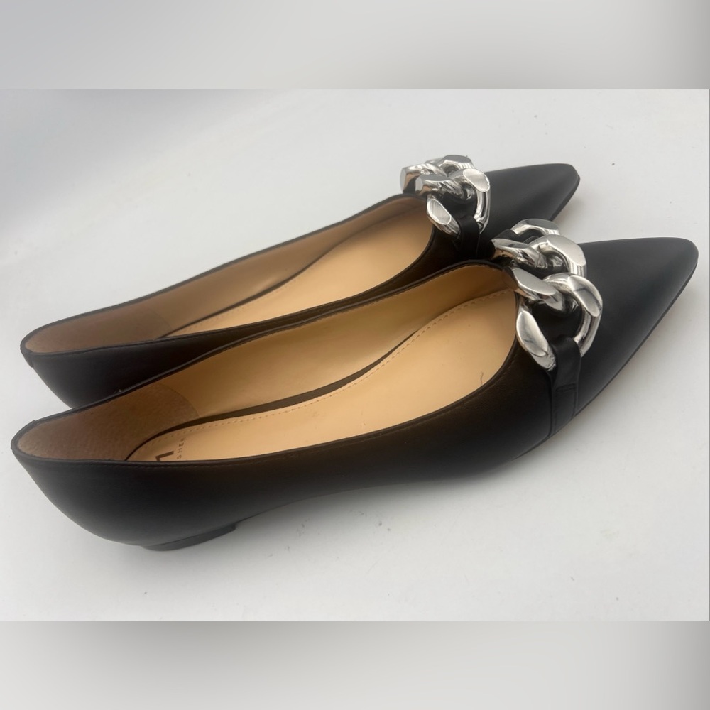 Marc Fisher LTD Seluna Black Leather Flats Silver Chain Women’s Size 8.5M NEW
